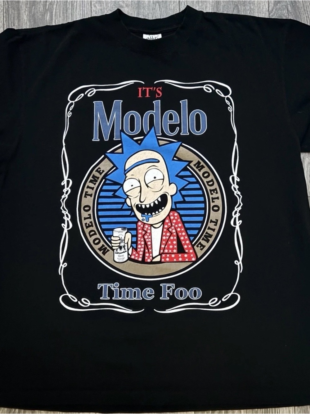 ModelCo Black Tee with Blue Hair and Red Jacket Graphic